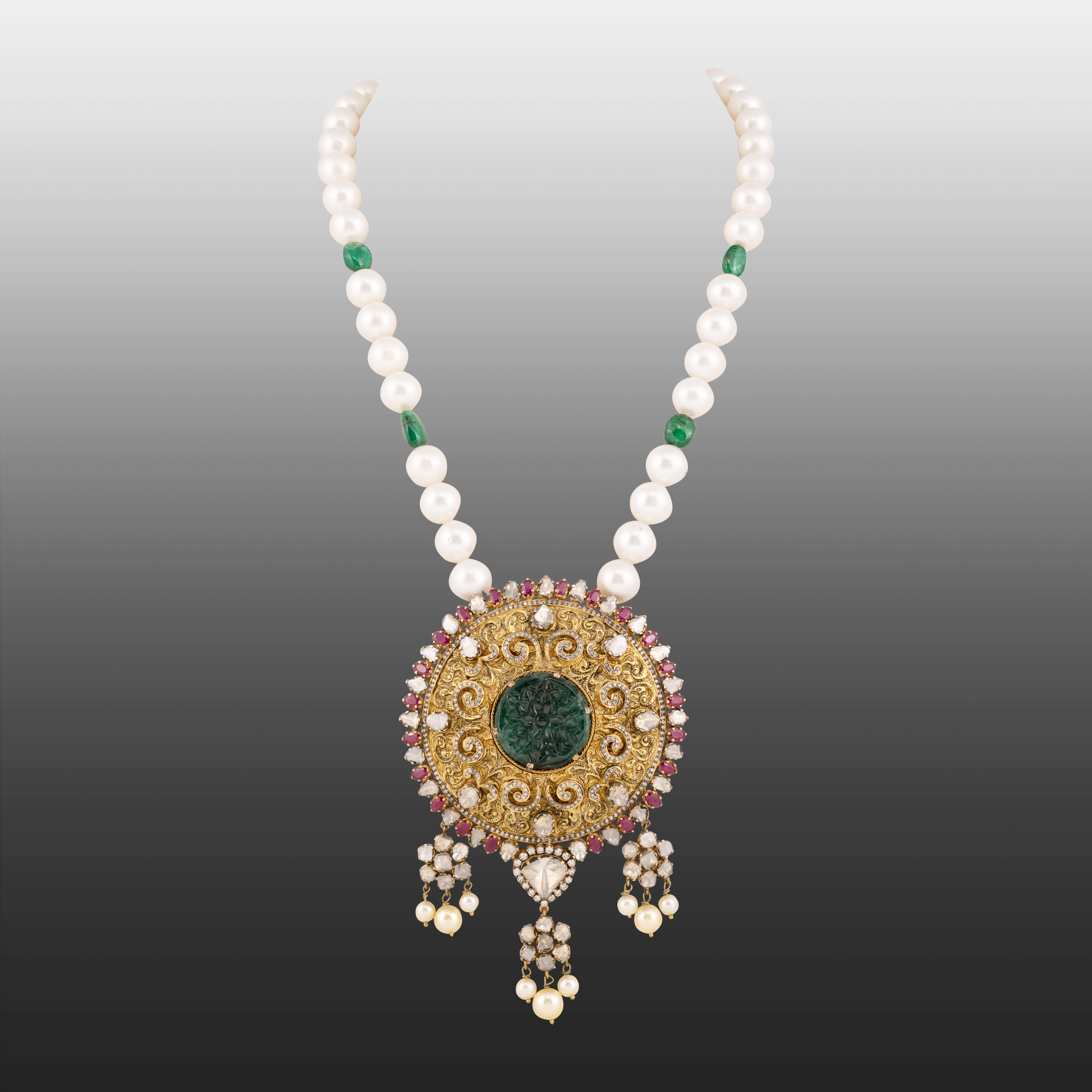 Carved Emerald Pendant Necklace with Rubies and South Sea Pearls